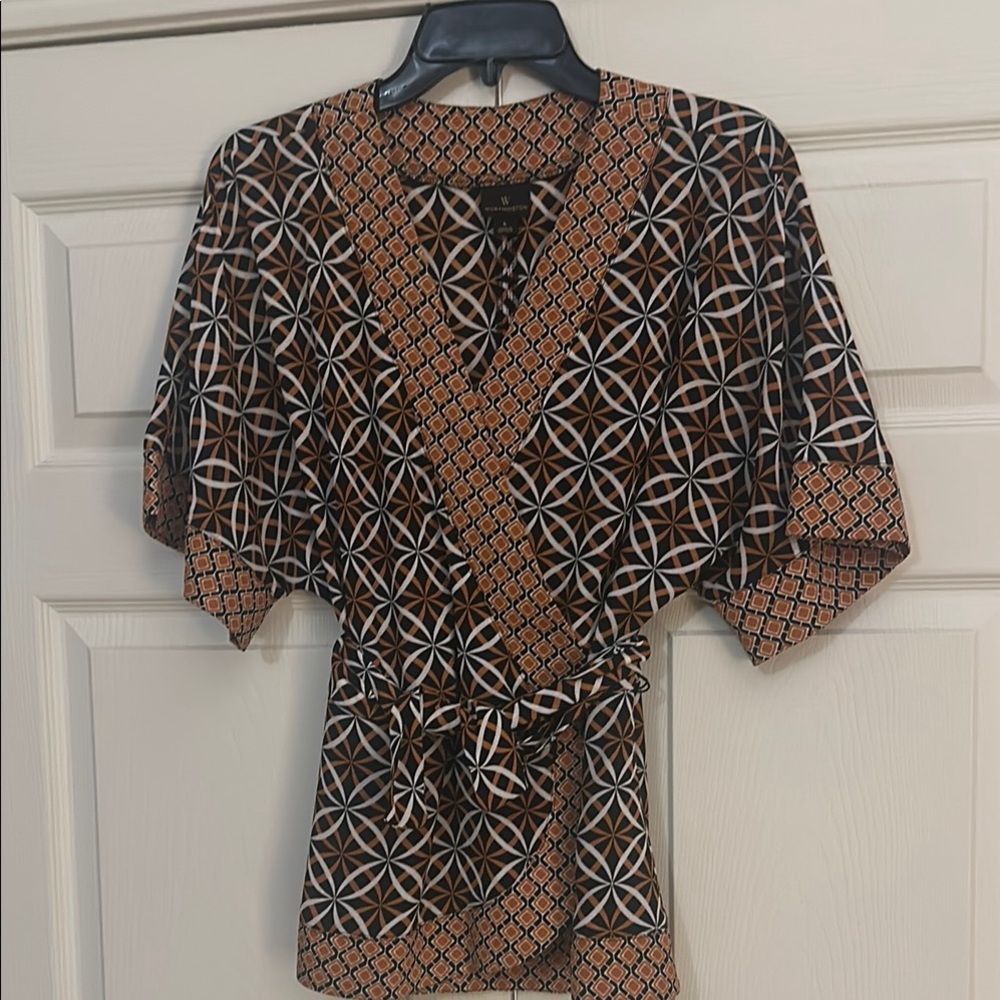 Worthington Brown and Black Wrap Blouse with Kimono Sleeves